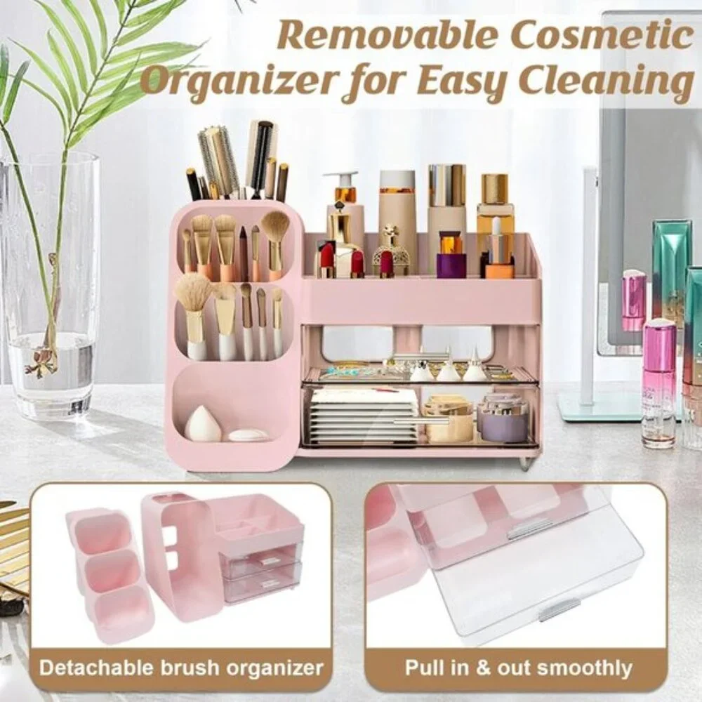 New Large Makeup Organizer, Vanity Storage with Brush Holder & Drawers for Women